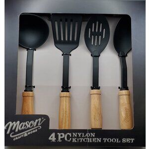 Mason Craft & More 4-Piece Nylon Kitchen Tool Set – Black & Wood – New in Box